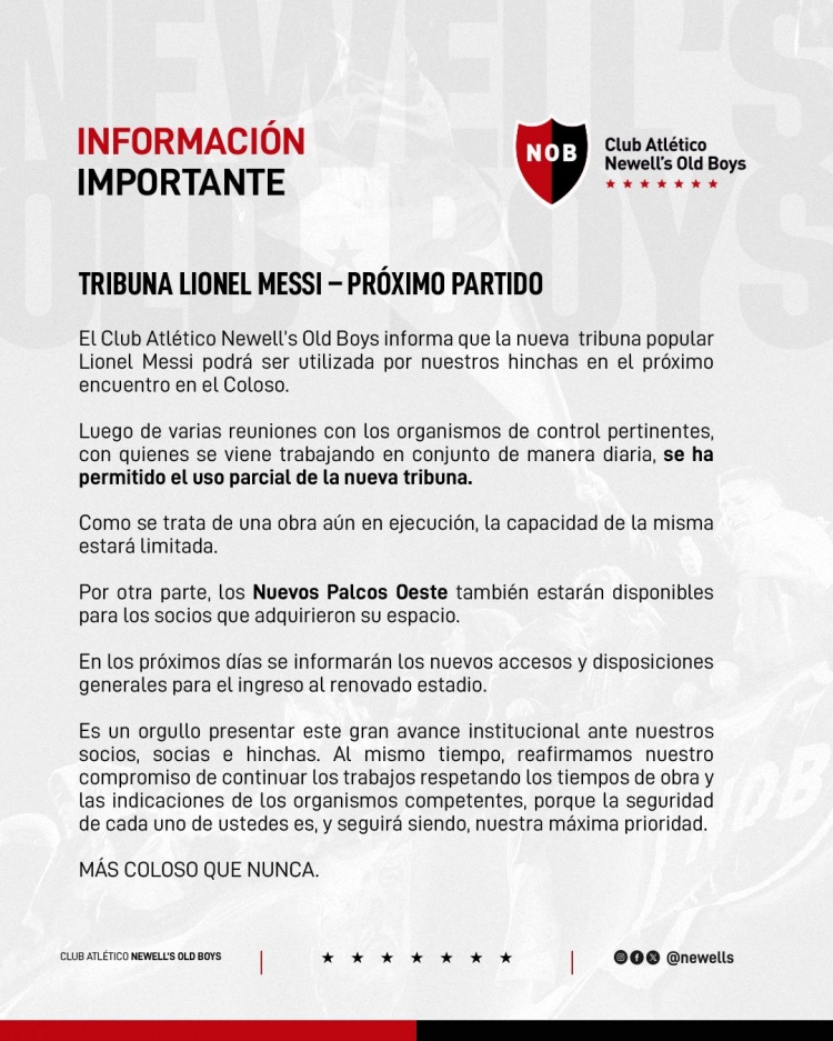 纽维尔老男孩官方:梅西看台将在下场比赛中向球迷开放