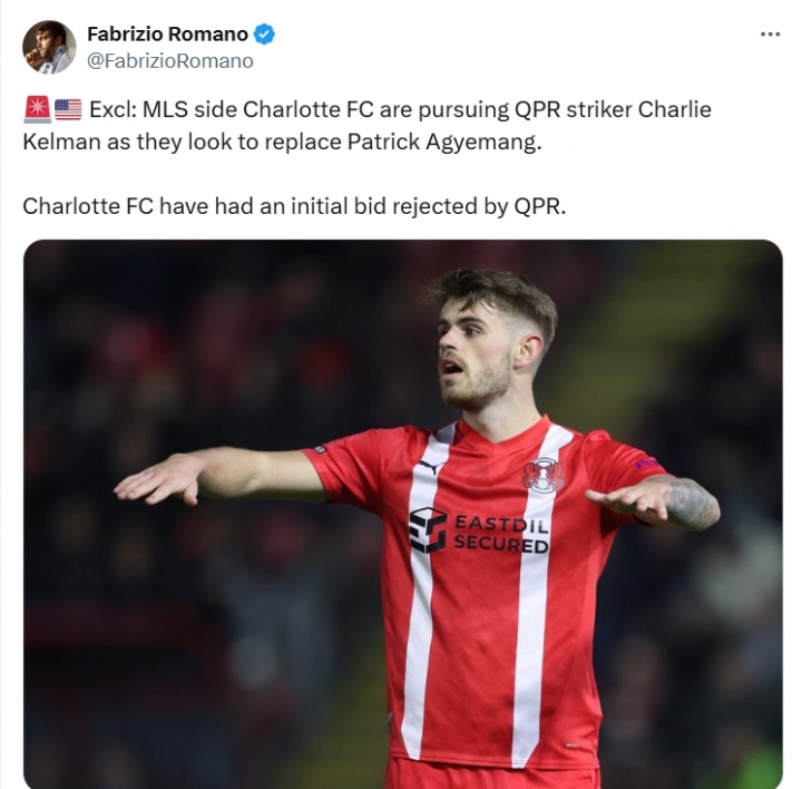 罗马诺:夏洛特FC追逐女王公园巡游者前锋凯尔曼,初步报价已被拒
