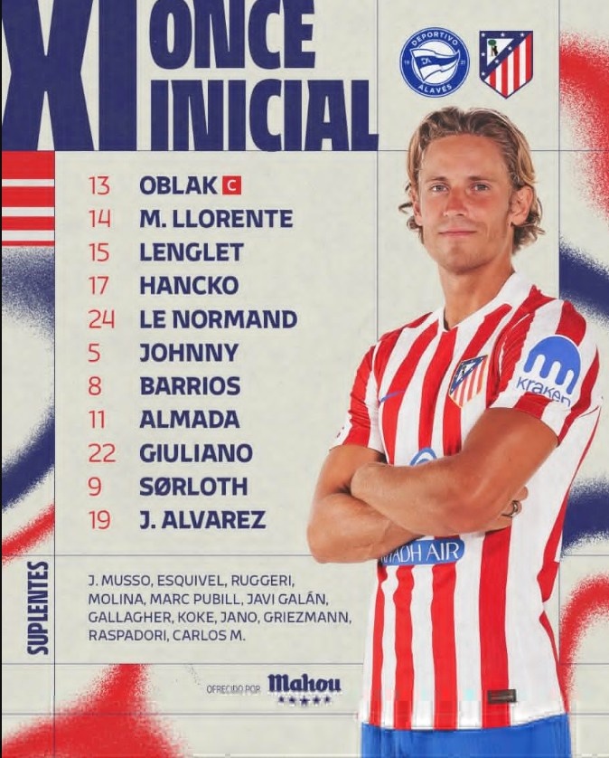 马竞客战阿拉维斯首发:小蜘蛛领衔,新援阿尔马达、汉茨科在列